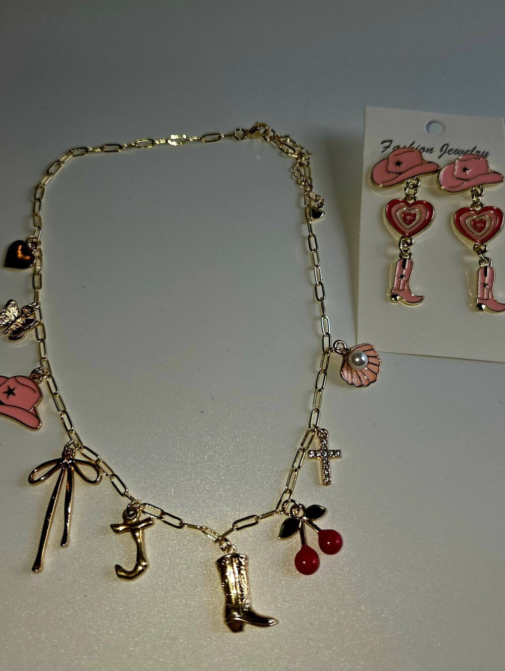 Pink Cowgirl Charm Necklace & Matching Earrings Set Western Coquette Y2K